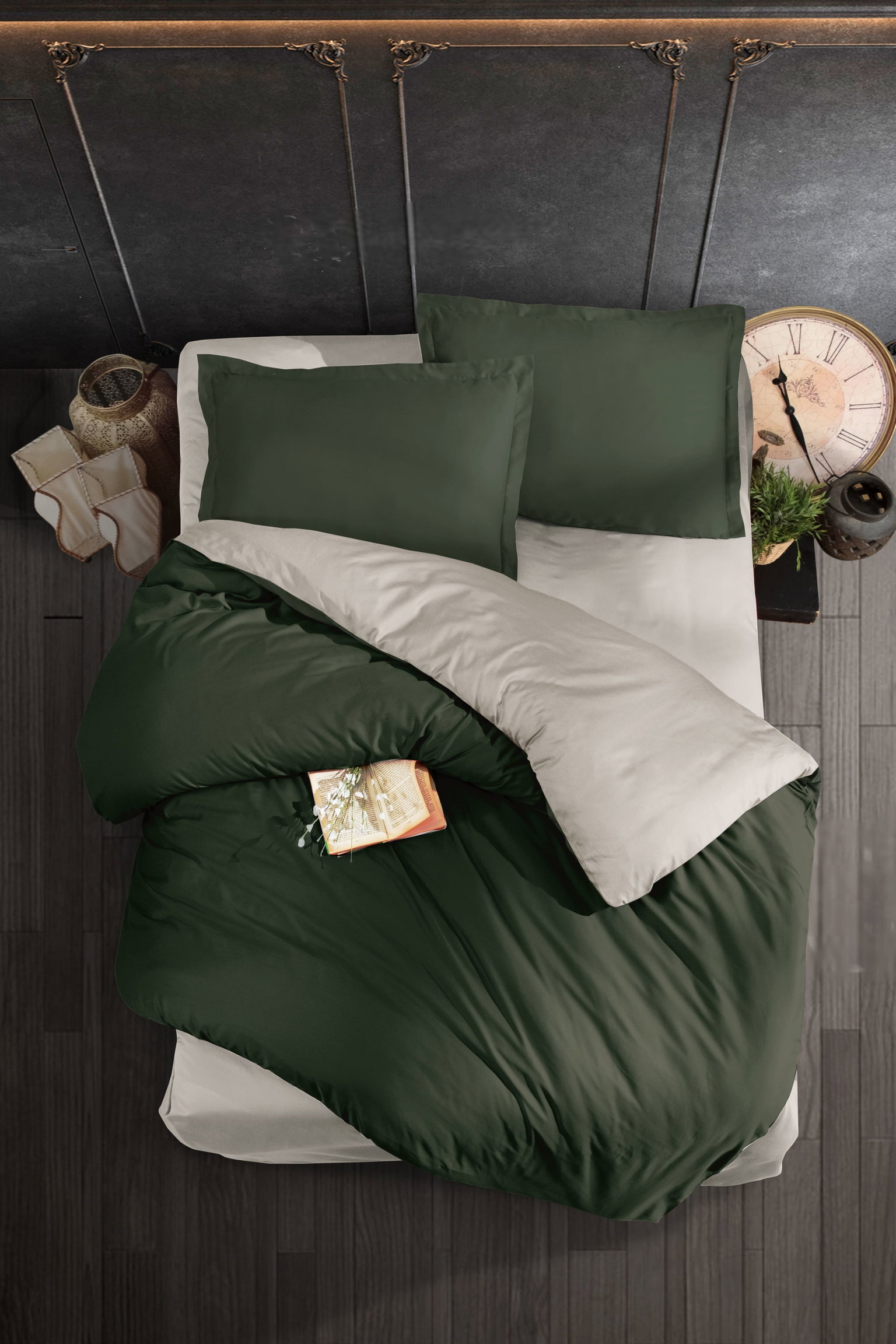 Satininės patalynės komplektas CREYA DARK GREEN CREAM, 200x220cm, 2x50x70cm, 100% medv.-0
