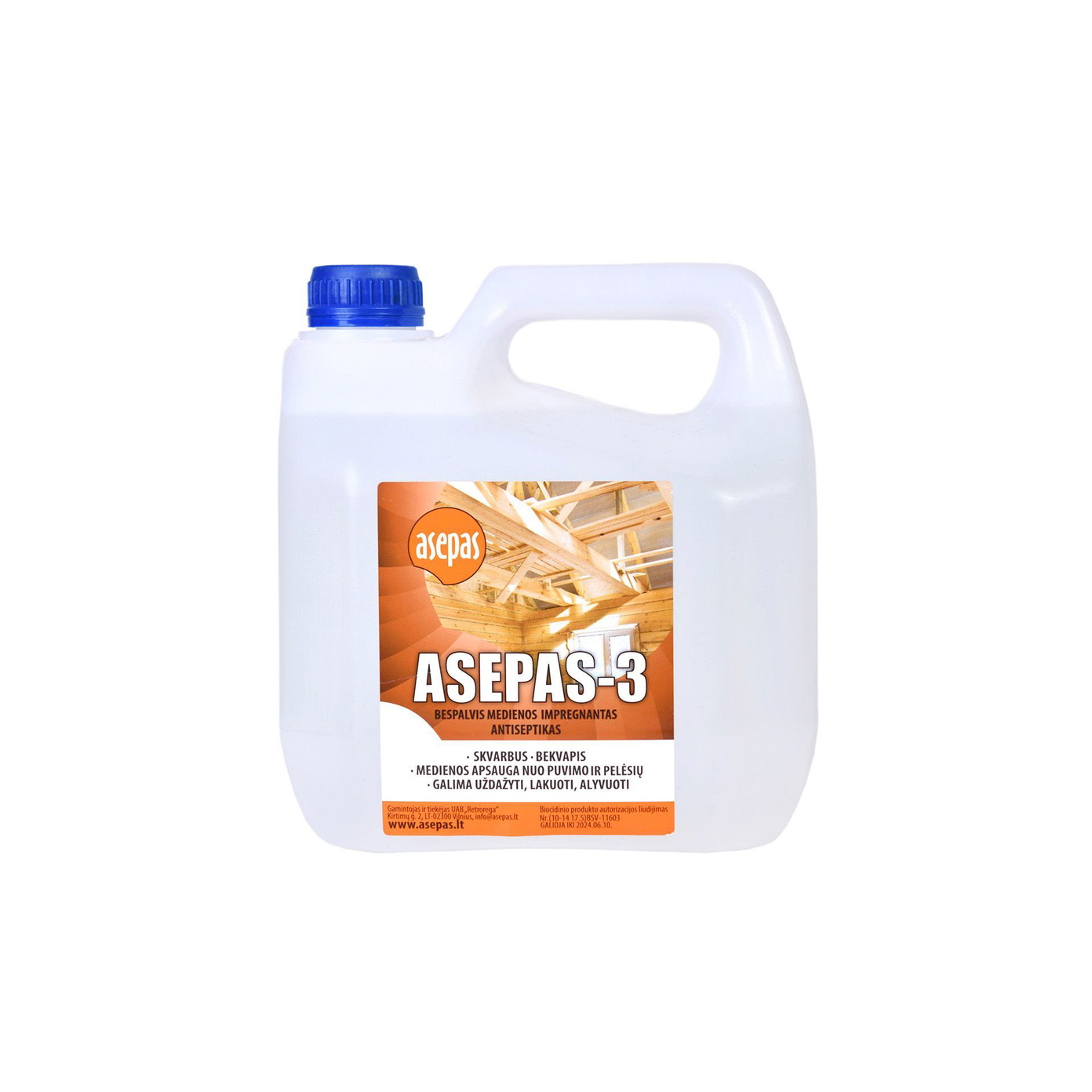 Bespalvis medienos antiseptkas apdailinei medienai „Asepas-3“ 1:3, 3L-0