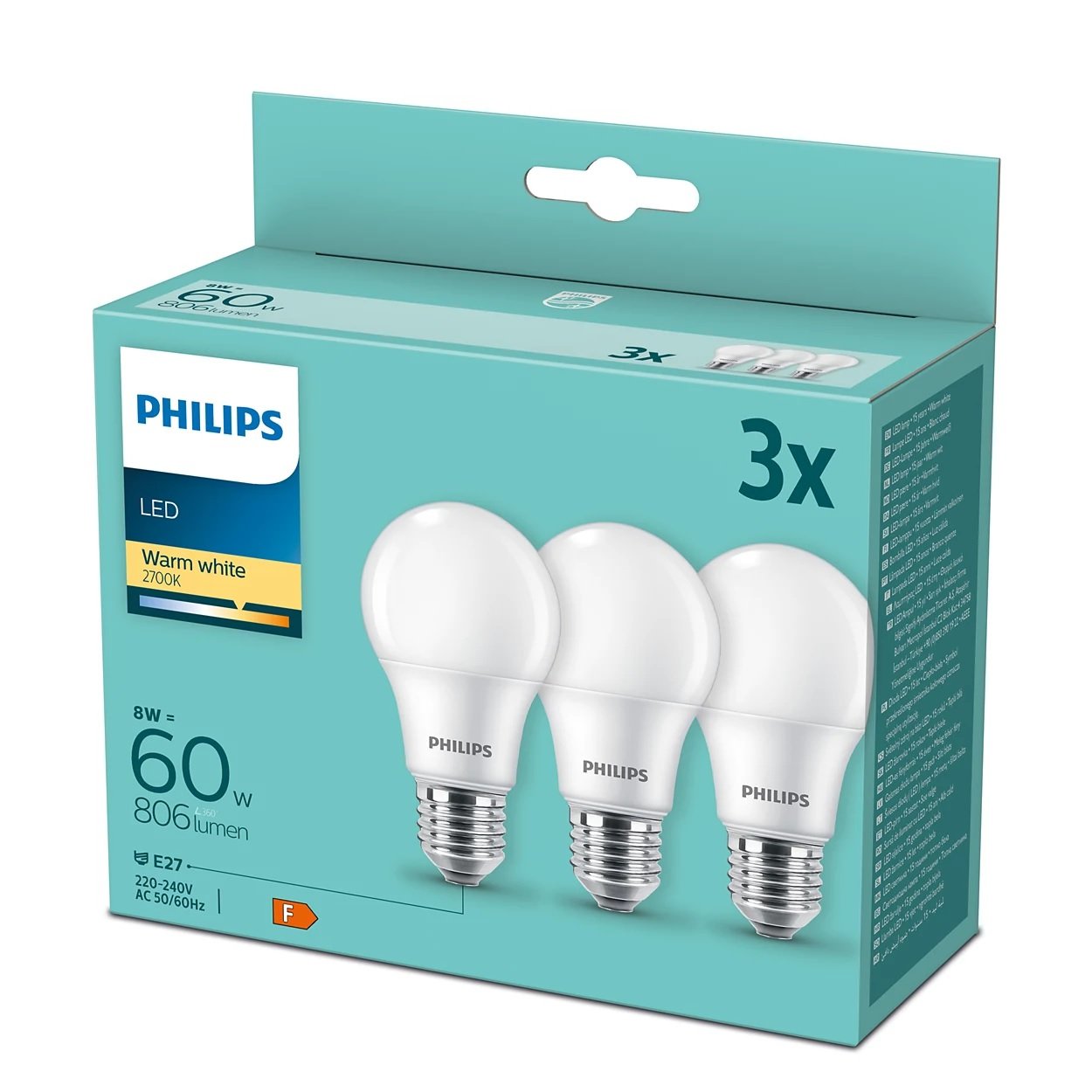 LED lemputė PHILIPS, A60, 8W (=60W), E27, 2700K, 806 lm, NON-DIM, šiltai baltos spalvos, 3vnt.