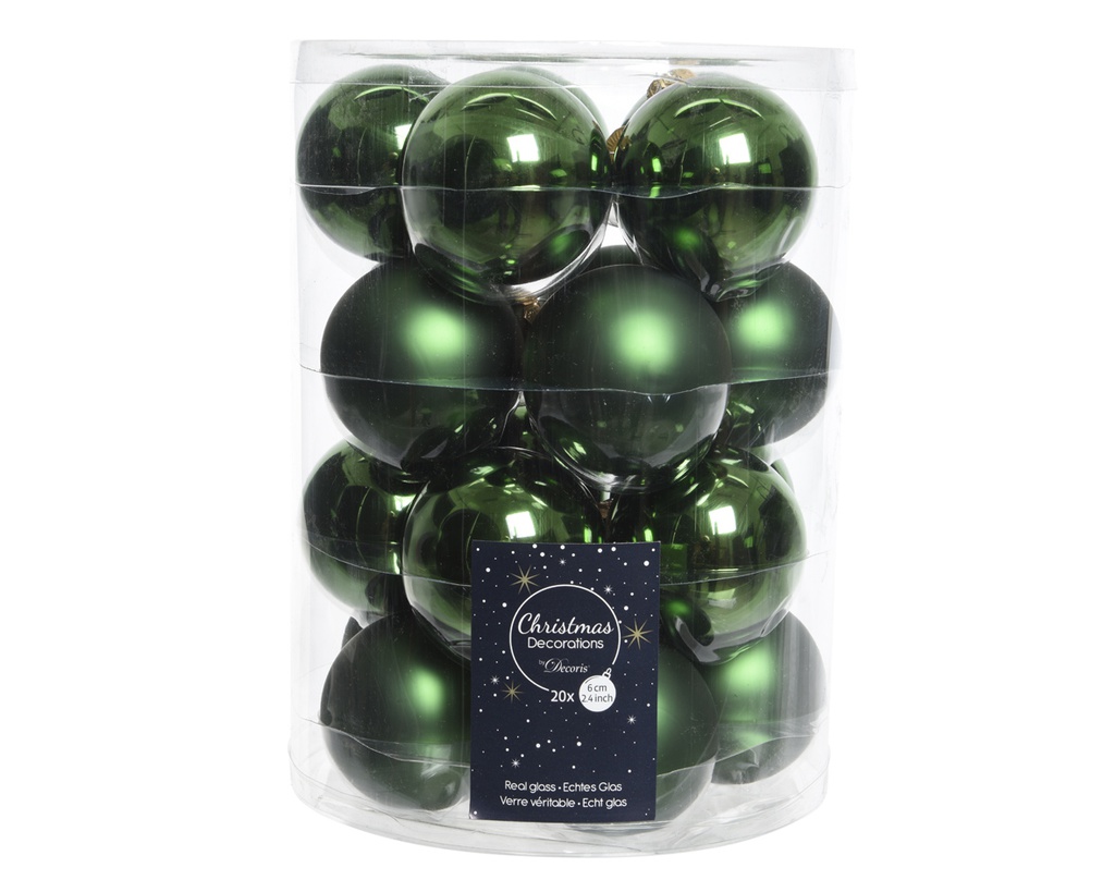 Kalėdinių eglės žaisliukų rinkinys GLASS PINE GREEN, žalios sp., 2 rušių, 6 cm, 20 vnt. - 1 nuotrauka
