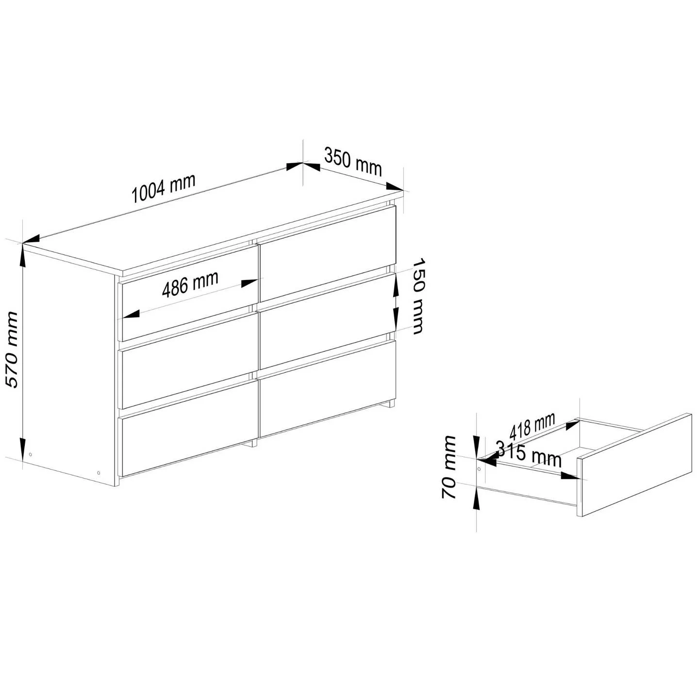 Komoda CL100 6SZ, balta sp., 57 cm x 35 cm x 100 cm - 3