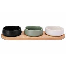 Keramikiniai užkandžiams su mediniu padėklu ROUND FOREST, 9,5 x 3,5 cm, 3 vnt-0