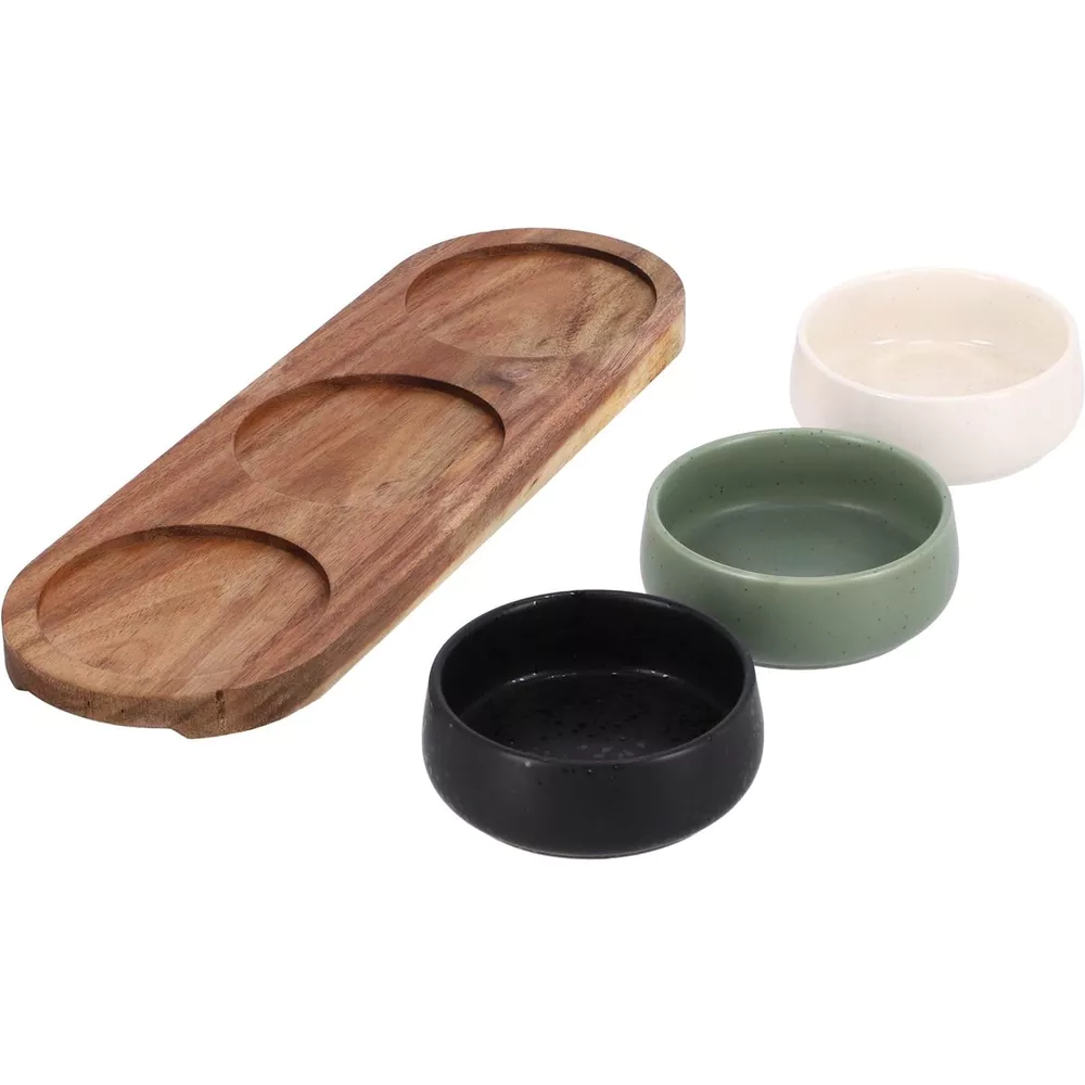 Keramikiniai užkandžiams su mediniu padėklu ROUND FOREST, 9,5 x 3,5 cm, 3 vnt-1