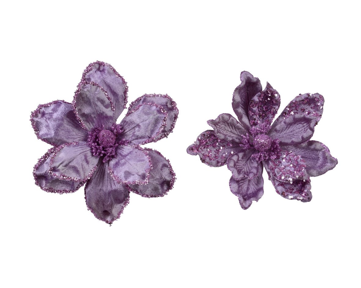 Įsegama kalėdinė dekoracija MAGNOLIA VELVET, violetinės sp., 2 rūšių, 24 x 10 cm