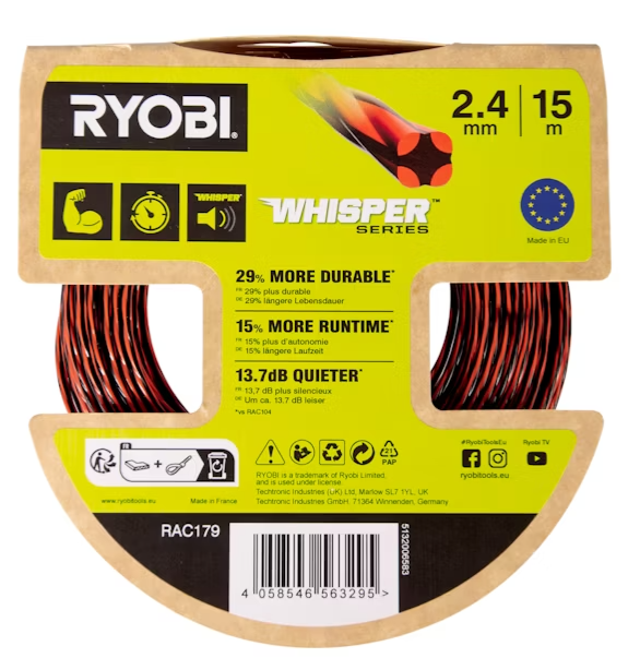 Apvalus žoliapjovės pjovimo lynas RYOBI RAC179, 2,4 mm x 15 m-0