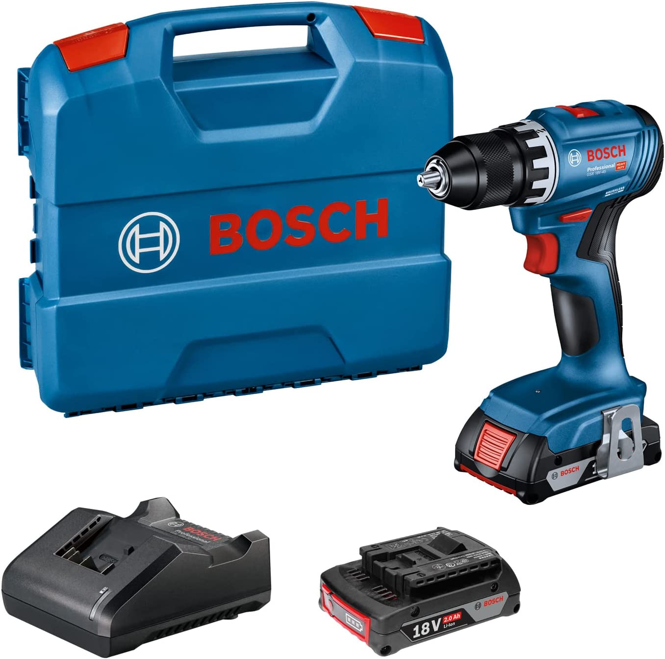 Akumuliatorinis suktuvas-gręžtuvas BOSCH PRO GSR 18V-45, 18 V, (2x Li-Ion 2.0Ah, L-Case) - 1