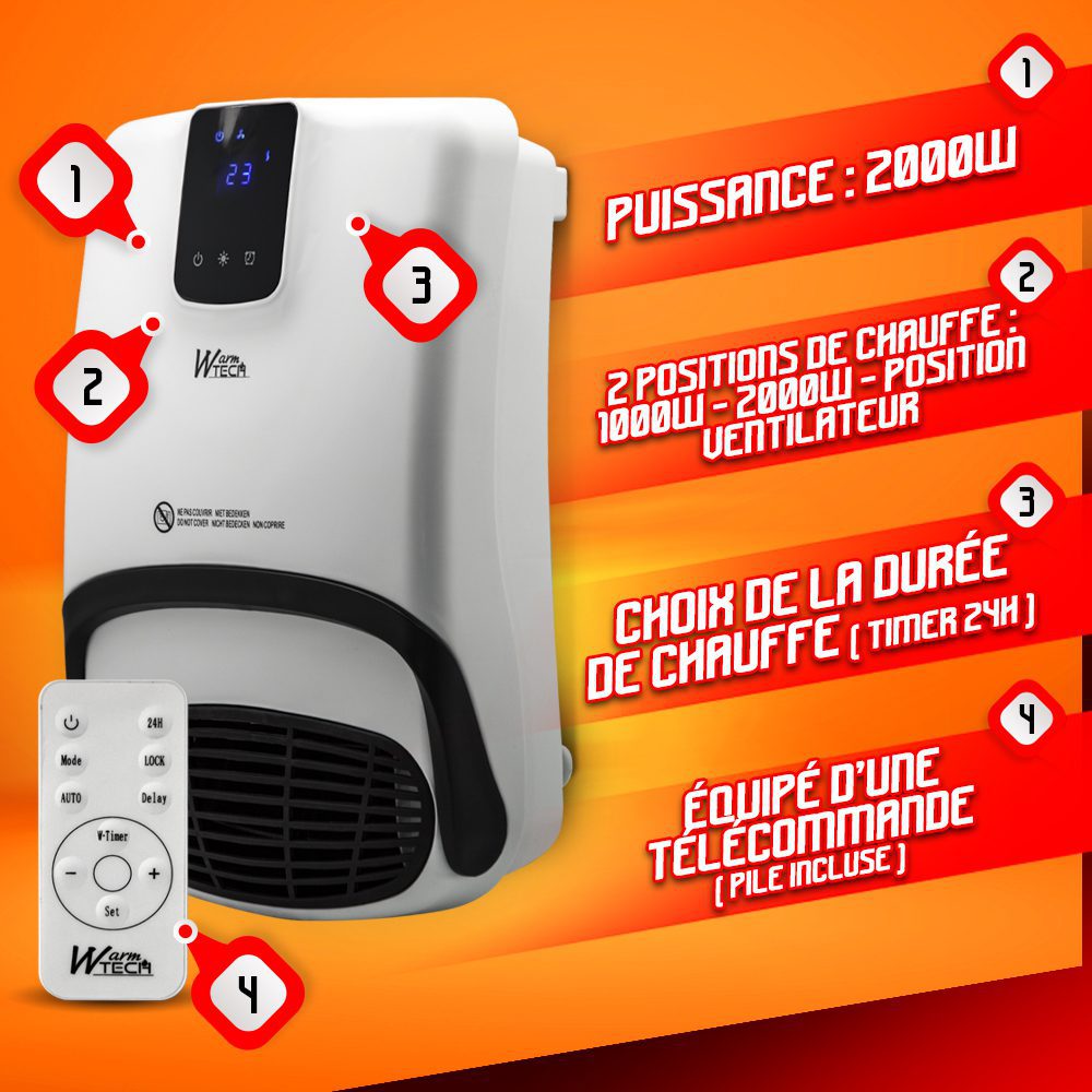Sieninis vonios kambario šildytuvas Warm Tech, 2000 W-1