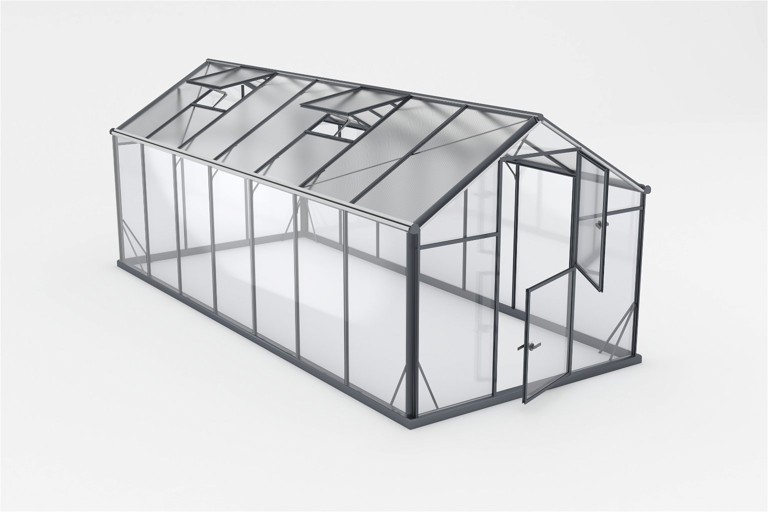 Šiltnamis SANUS HYBRID L-11 (2,20x5,00m) RAL7016, 4mm grūdinto stiklo sienos, 6mm polikarbonato stogas