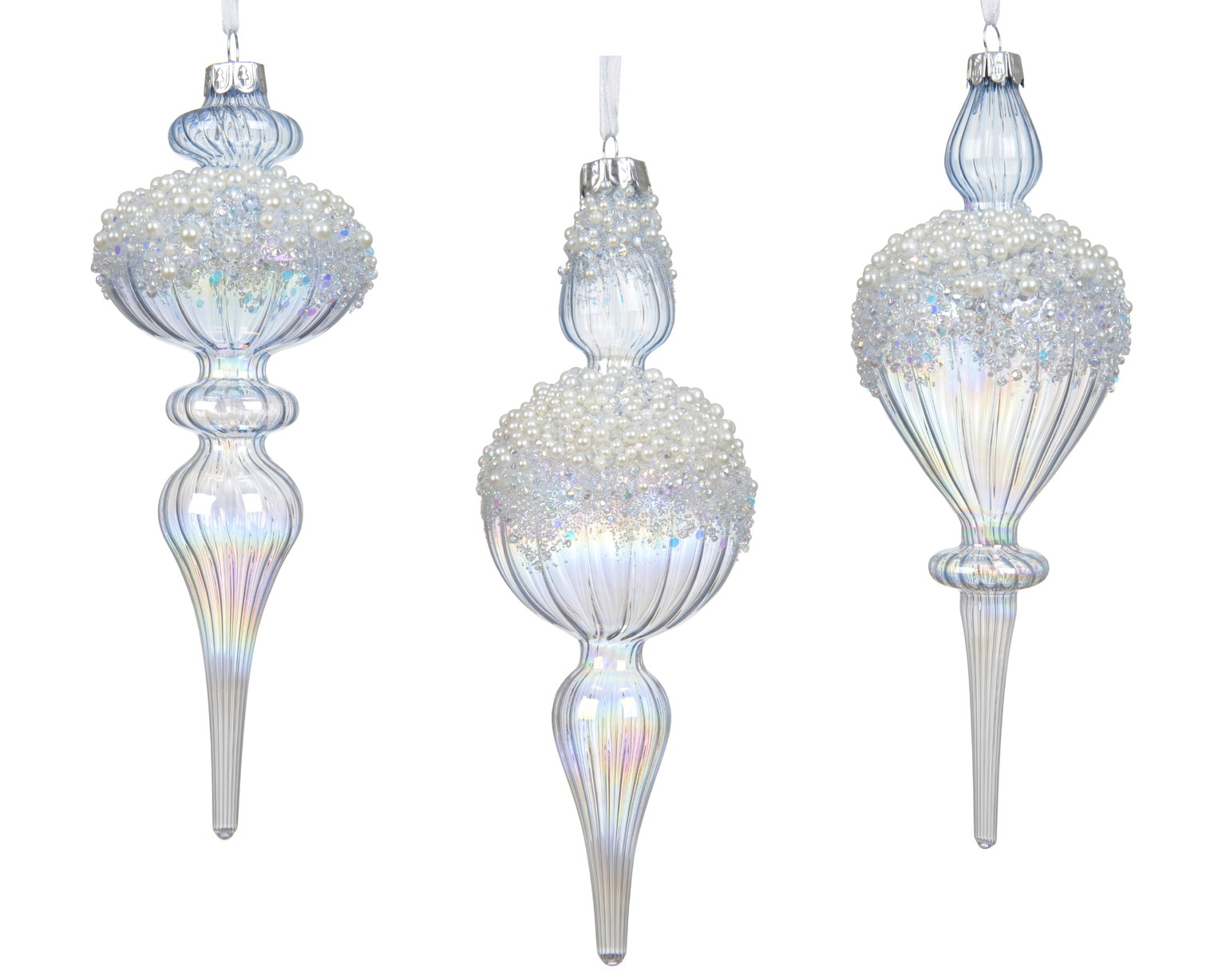 Stiklinis kalėdinis eglės žaisliukas ORNAMENT, 3 rūšių, baltos sp., 7 x 20 cm, 1 vnt-0