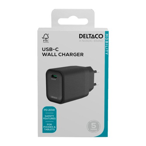 Sieninis kroviklis DELTACO USBC-AC151, 1x USB-C PD, 20 W, juodos sp. - 4