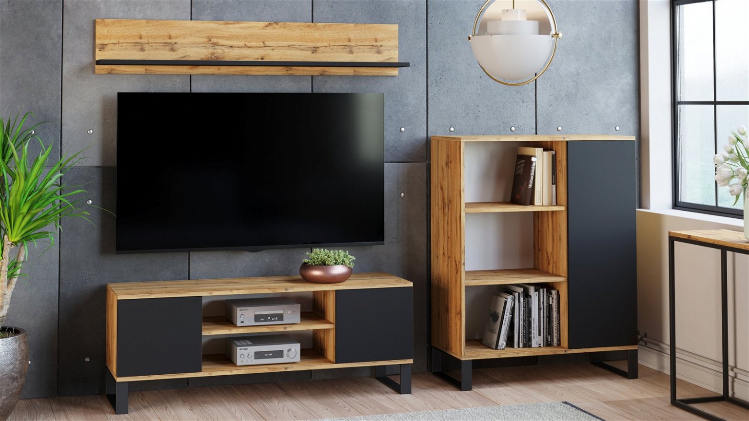 TV spintelė Focus Golden Oak/Black, 155x50x40 cm - 2