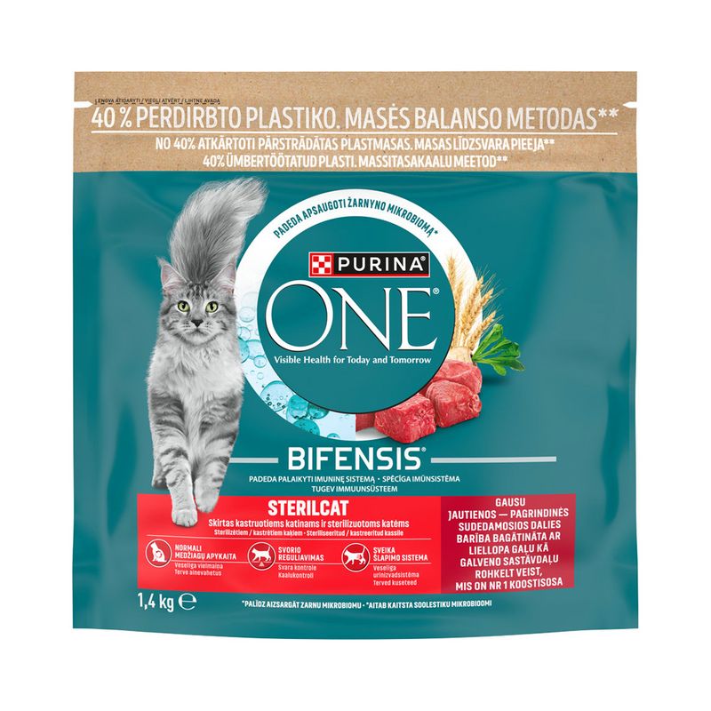 Sausas kačių ėdalas ONE Sterilcat, su jautiena, 1,4 kg-0