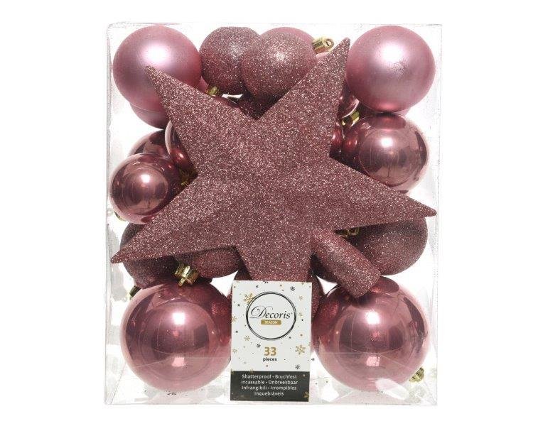 Kalėdinių eglės žaisliukų rinkinys STAR, su eglės viršūne,rožinės sp., 33 vnt.