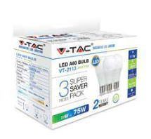 Šviesos diodų lemputė V-TAC, A60, 11 W, E27, 1055 lm, 3000K, 3 vnt. - 1