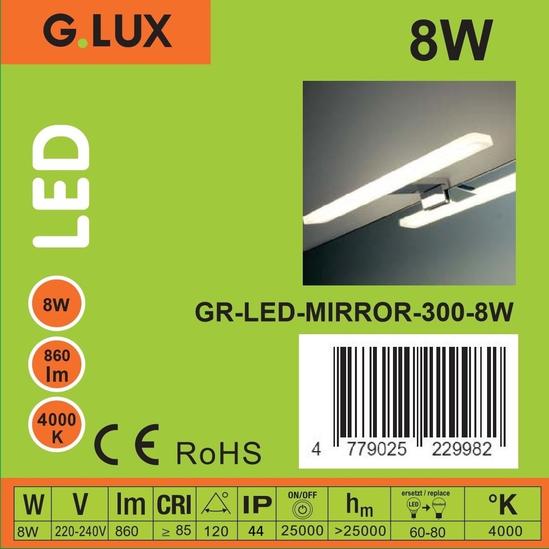Veidrodžių LED šviestuvas G. LUX, IP44, 8W, 4000 K, 800 lm, blizgaus chromo sp., 30 cm - 3