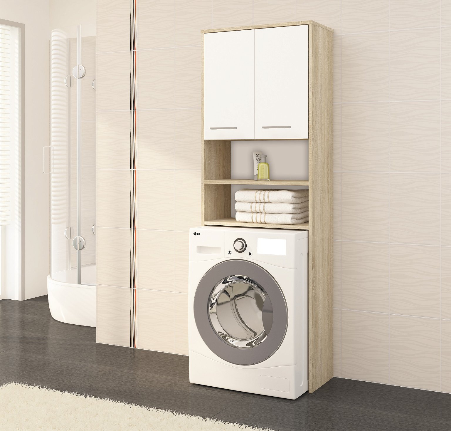 Pastatoma vonios spintelė virš skalbimo mašinos FIN 2D, 60 cm, ąžuolo/balta - 4