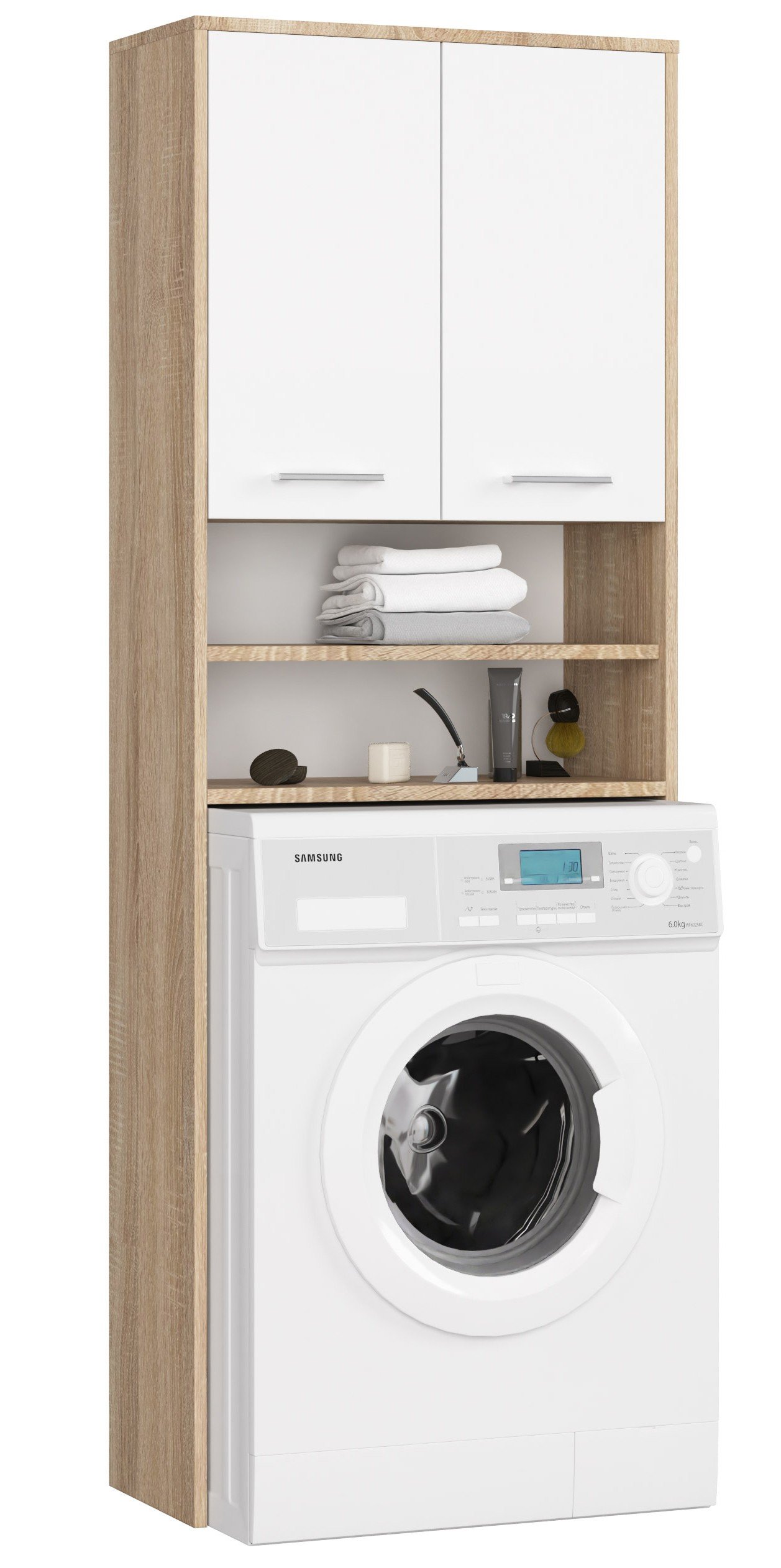 Pastatoma vonios spintelė virš skalbimo mašinos FIN 2D, 60 cm, ąžuolo/balta