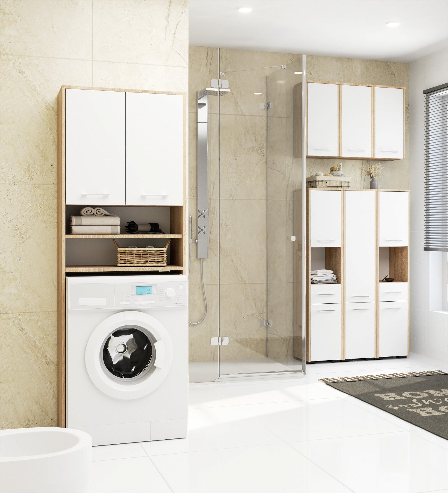Pastatoma vonios spintelė virš skalbimo mašinos FIN 2D, 60 cm, ąžuolo/balta - 6