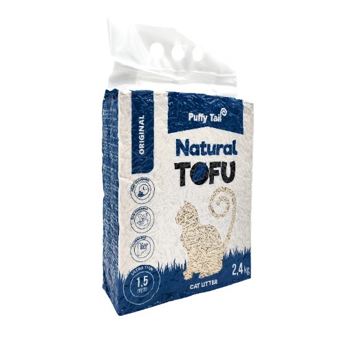 Tofu kraikas katėms PUFFY TAIL, natūralus, bekvapis, 1,5 mm, 2.4 kg