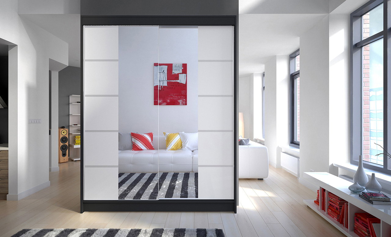 Spinta ADRK Nordic 150, balta sp./juoda sp., 58 cm x 150 cm x 200 cm, su veidrodžiu-1
