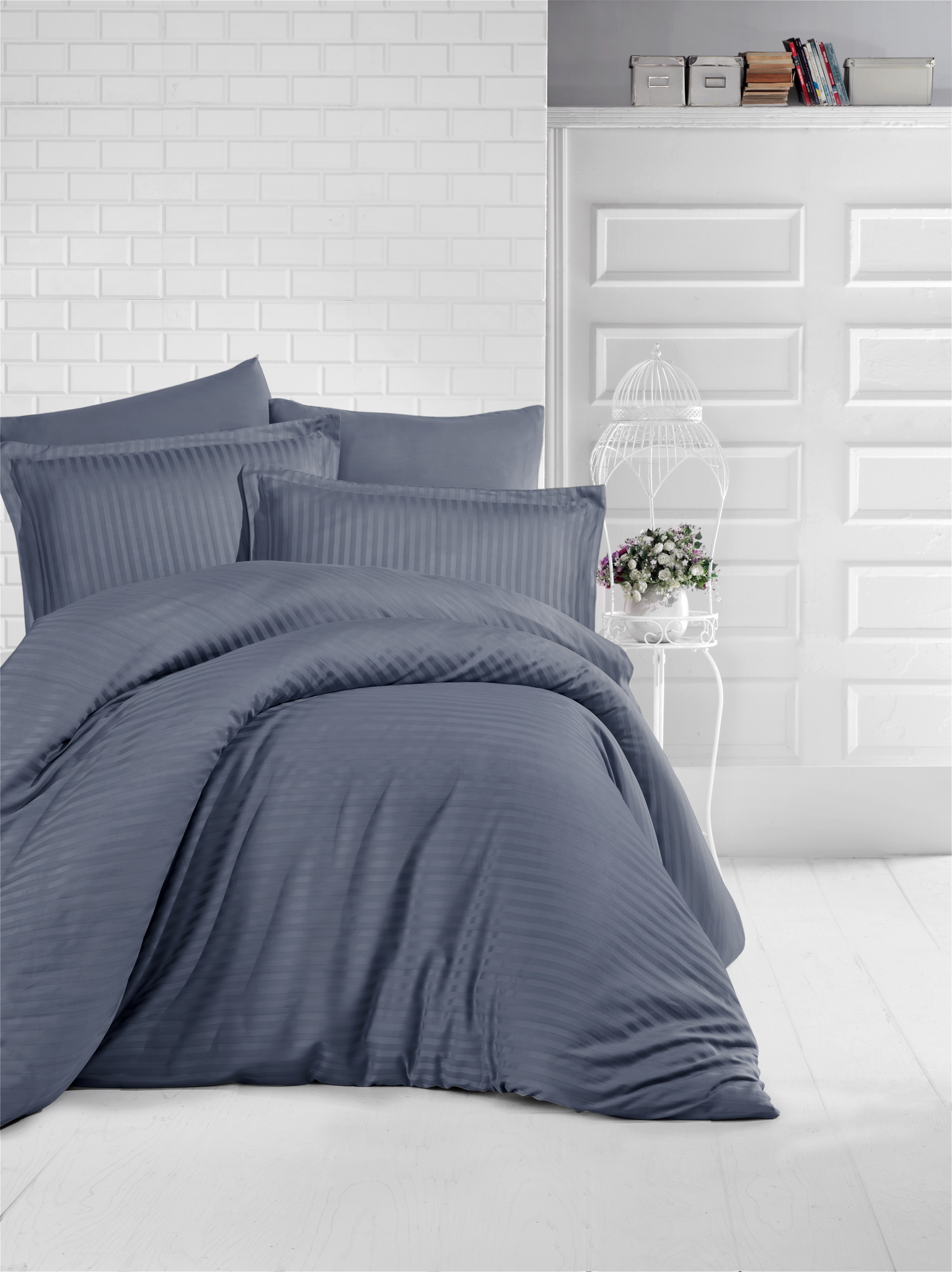 Satininės patalynės kompl. CREYA STRIPE, t. pilkos sp., 150x200cm, 2x50x70cm, 2x70x70cm, 100% medv.-0