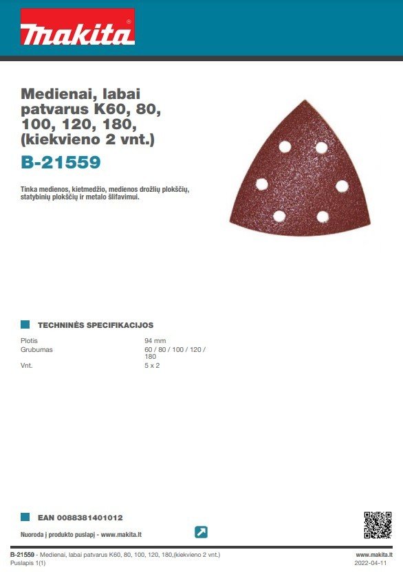 Trikampiai šlifavimo lapeliai MAKITA, 93 mm, G60/80/100/120/180, medienai, 10 vnt. - 2