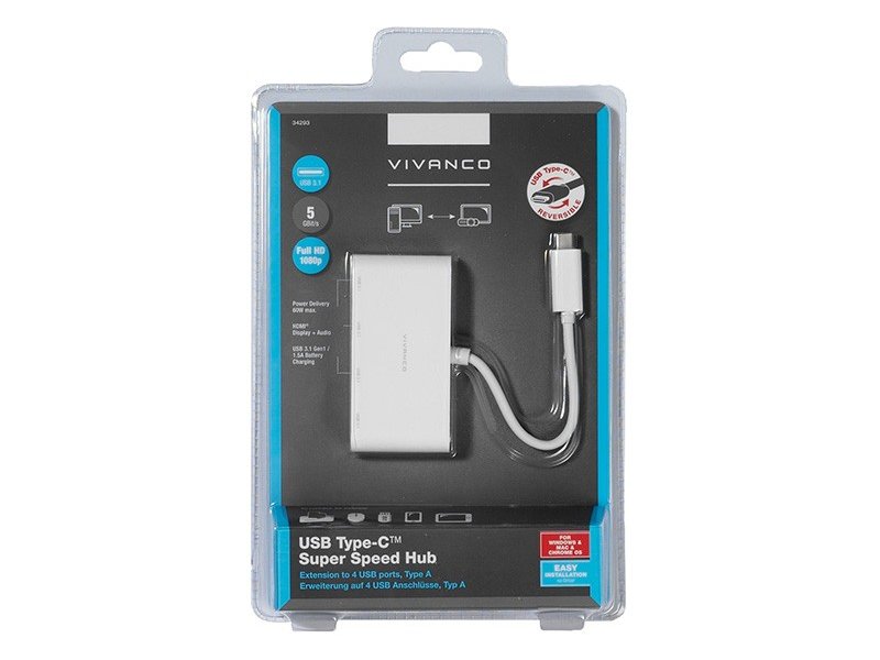 Šakotuvas VIVANCO 34292, USB-C, HUB, 4-portų-1