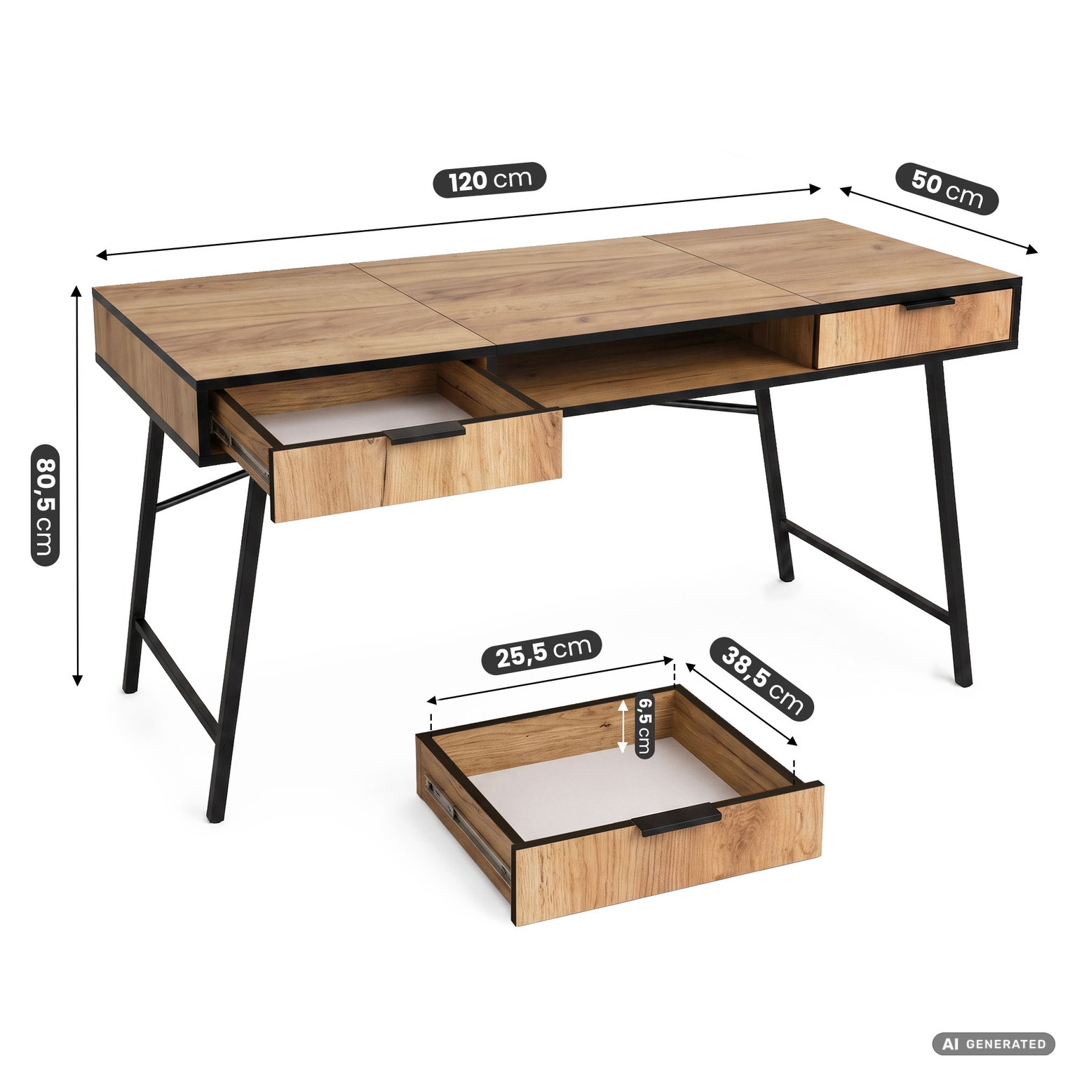 Rašomasis stalas su stalčiais Akord Furniture Factory Arden, 120 cm x 50 cm, 80.5 cm, juoda sp./oak craft sp. - 3