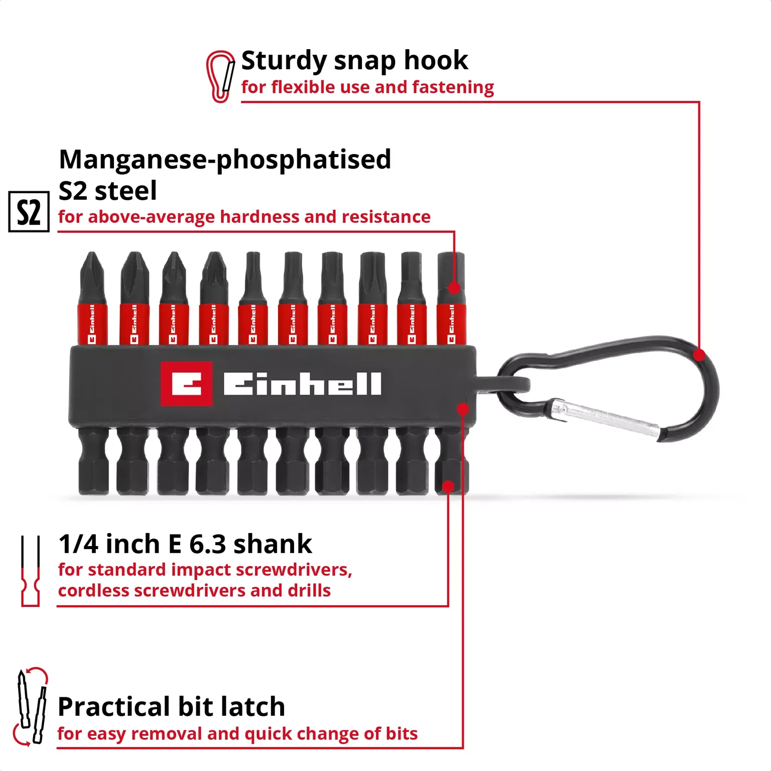Sukimo antgalių rinkinys EINHELL, PZ1/PZ2/T15/T20/T25/T30/H4/H5, smūginiai, su karabinu, 10 vnt. - 3