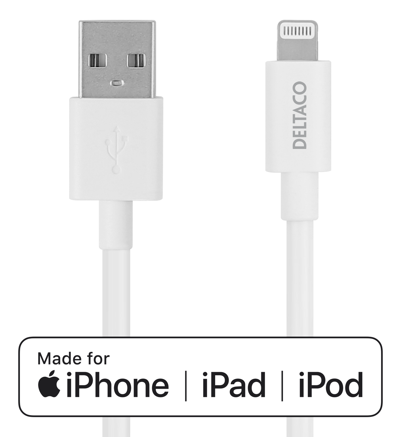 Laidas DELTACO IPLH-401 USB-A -Lightning, 1m, Apple C189 chipset, MFi, FSC, balta-0