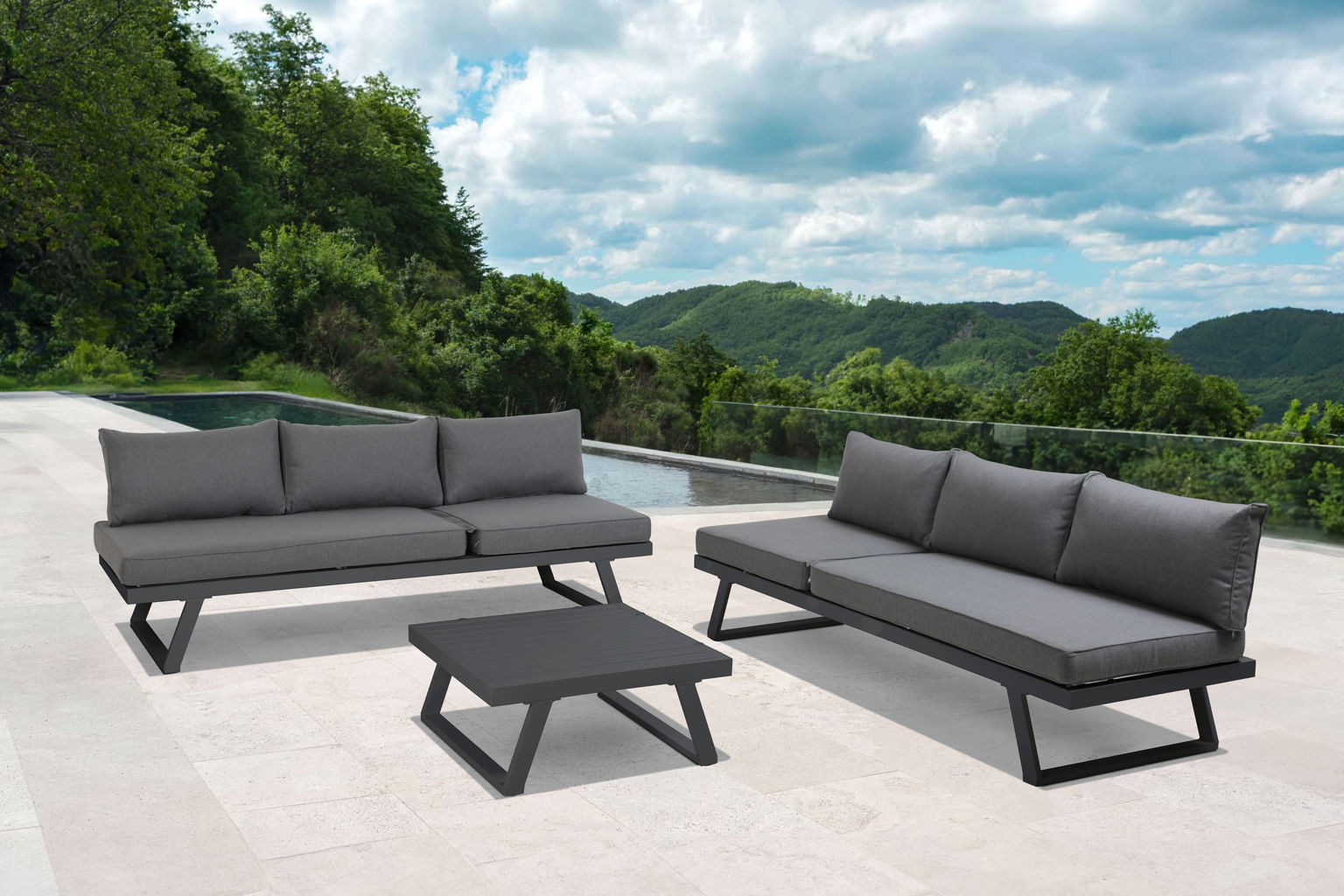 Lauko baldų komplektas : dvivietė sofa, kampinė sofa ir stalas, tamsiai pilkos sp. - 3