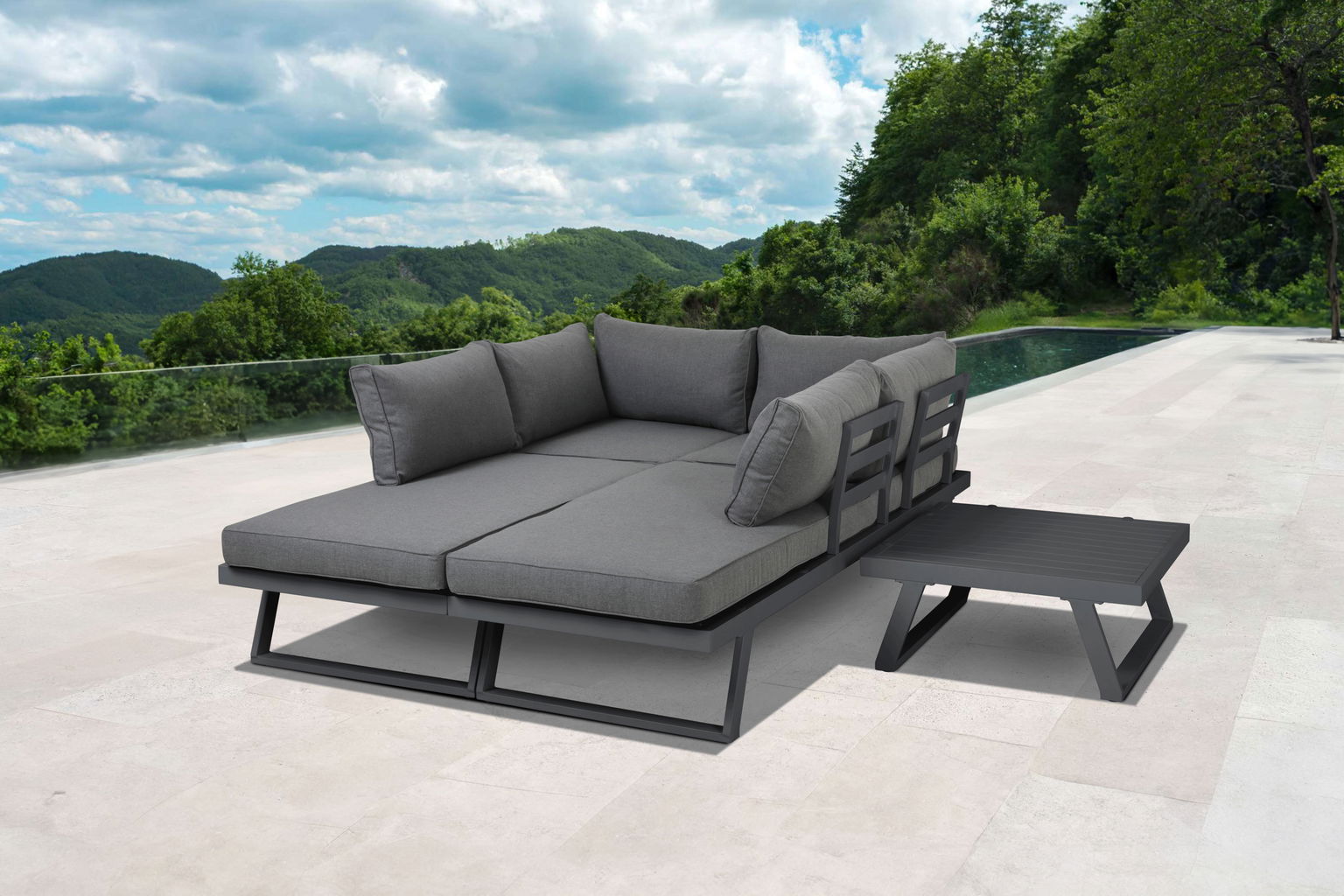 Lauko baldų komplektas : dvivietė sofa, kampinė sofa ir stalas, tamsiai pilkos sp. - 4