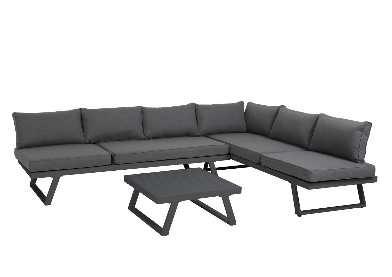 Lauko baldų komplektas : dvivietė sofa, kampinė sofa ir stalas, tamsiai pilkos sp.-0