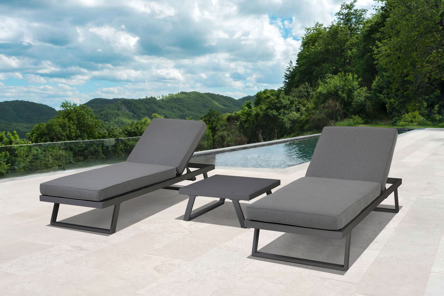Lauko baldų komplektas : dvivietė sofa, kampinė sofa ir stalas, tamsiai pilkos sp.-1