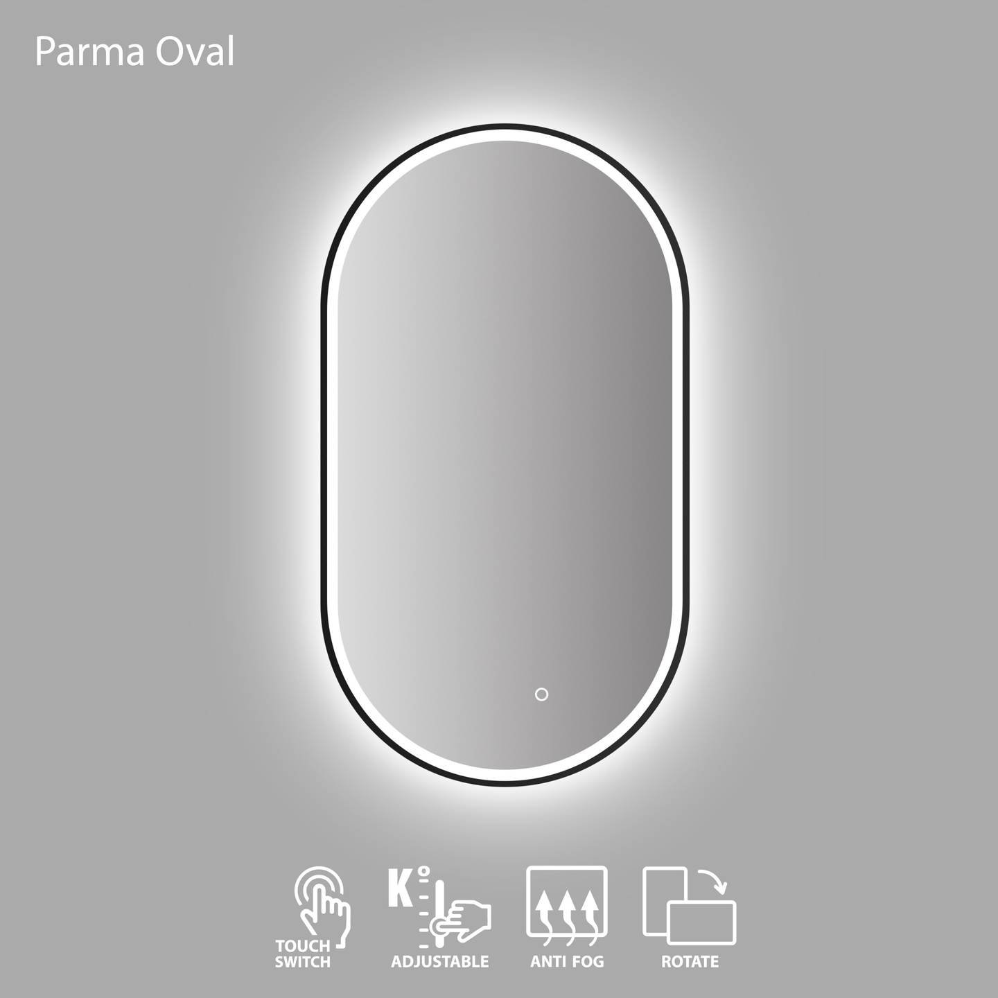 Vonios veidrodis VENTO PARMA, LED 2700-6500K, antiras., juodas rėmas, ovalus, 50 x 90 cm-1