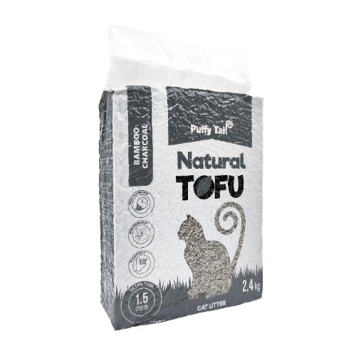 Tofu kraikas katėms PUFFY TAIL, su bambuko anglimi, 1,5 mm, 2.4 kg