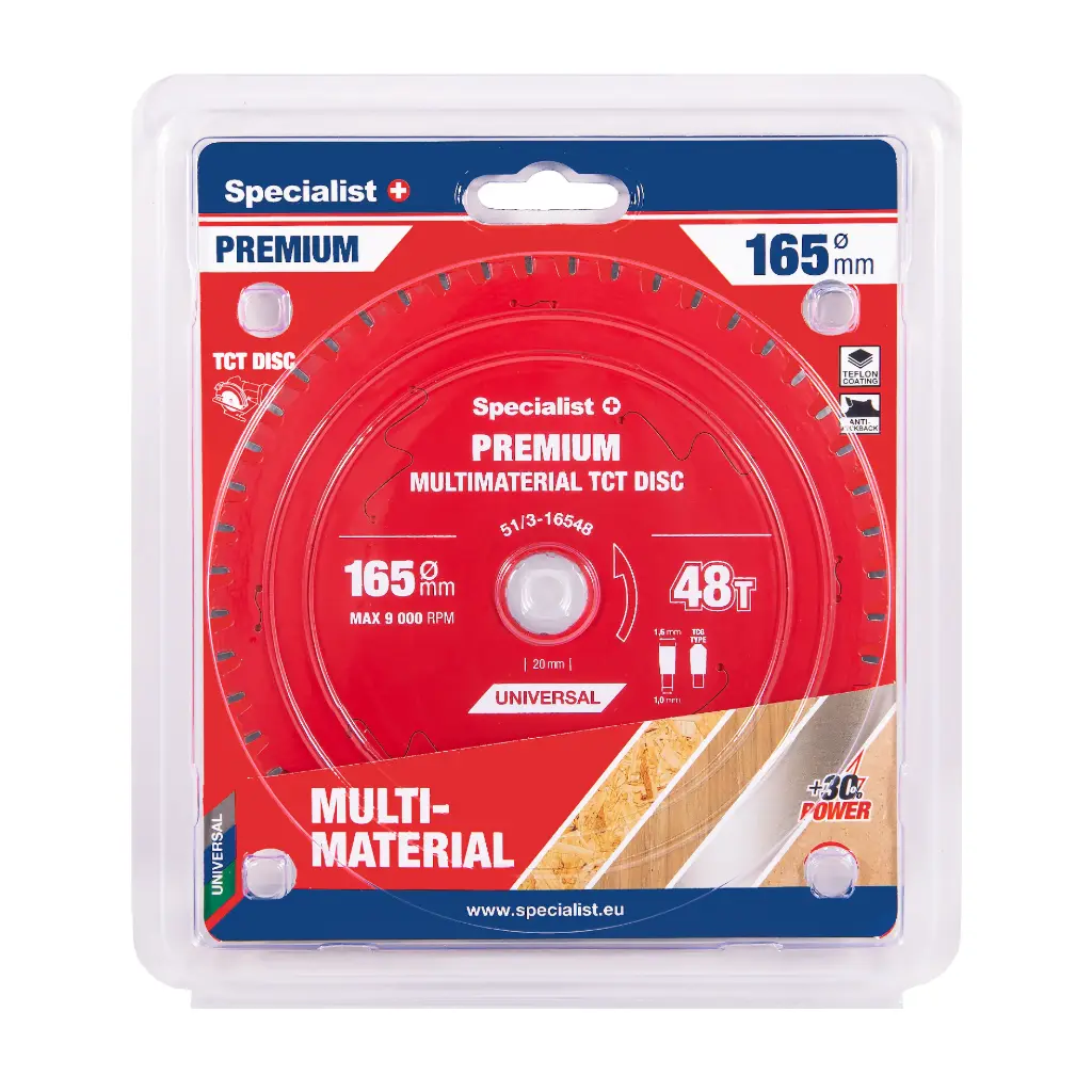 Universalus pjovimo diskas SPECIALIST+ Premium, 165 x 1,6 x 20 mm, 48 dantų, 0°, TCT-0