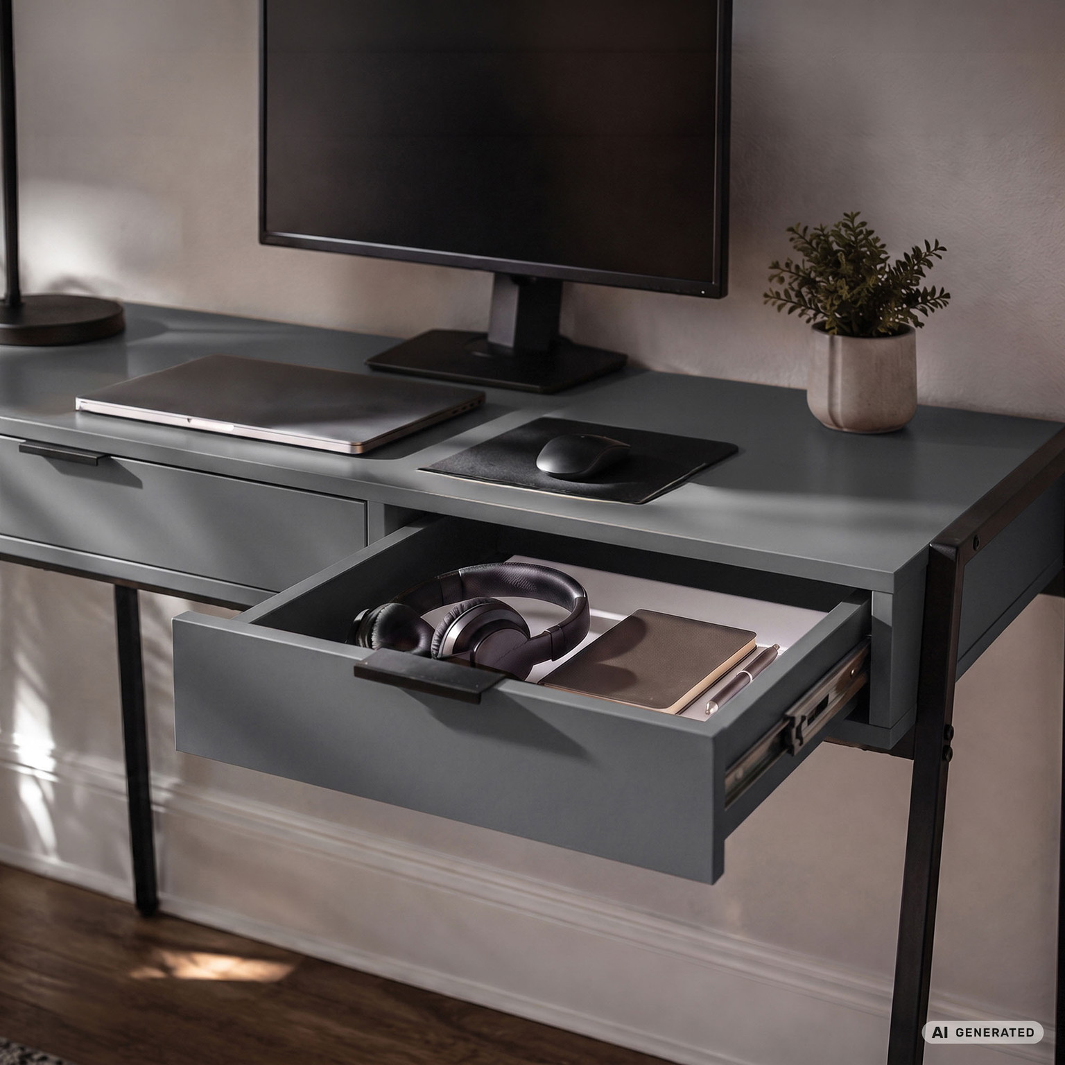 Rašomasis stalas su stalčiais Akord Furniture Factory Zentia, 100 cm x 45 cm, 80.5 cm, grafito sp./juoda sp. - 6