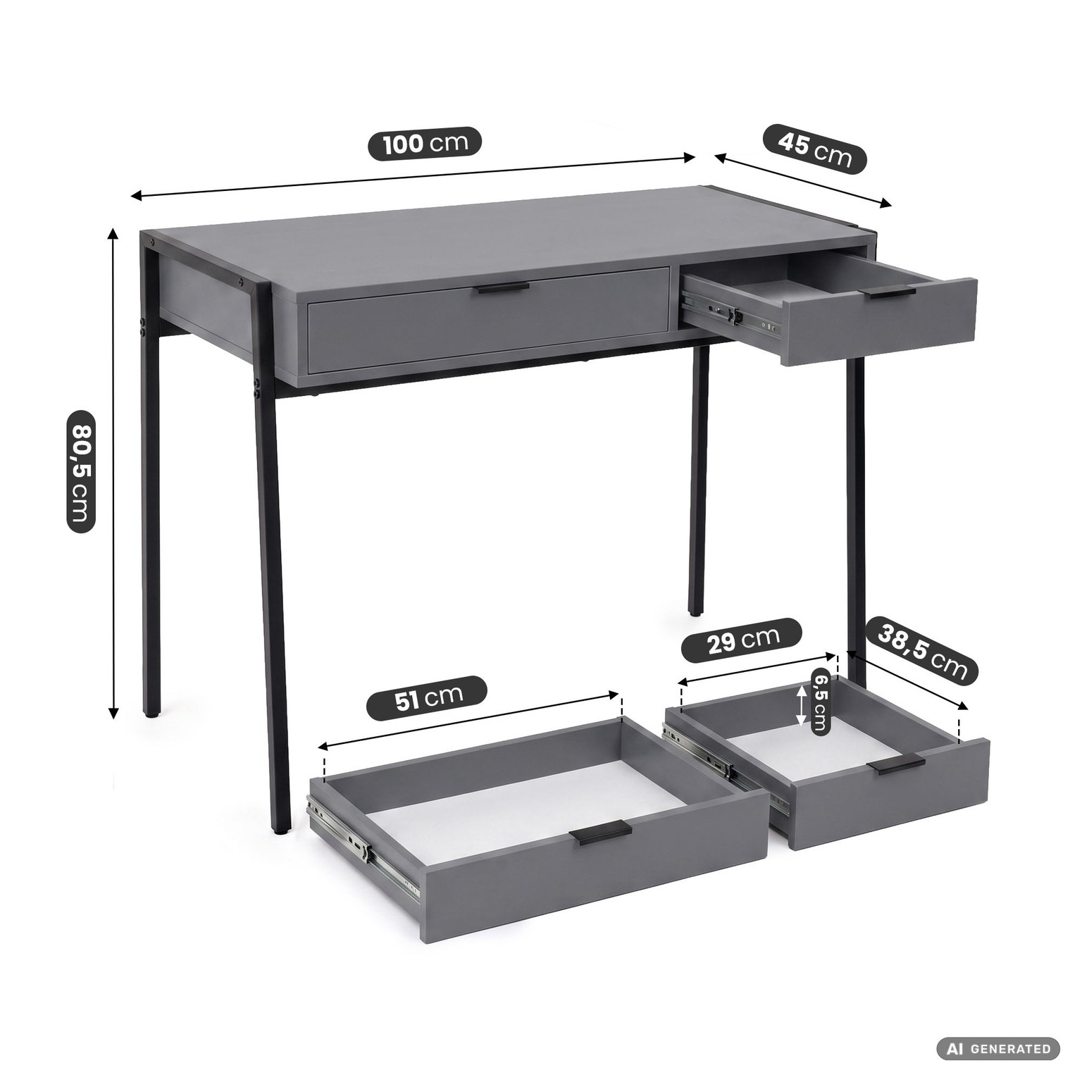Rašomasis stalas su stalčiais Akord Furniture Factory Zentia, 100 cm x 45 cm, 80.5 cm, grafito sp./juoda sp. - 3