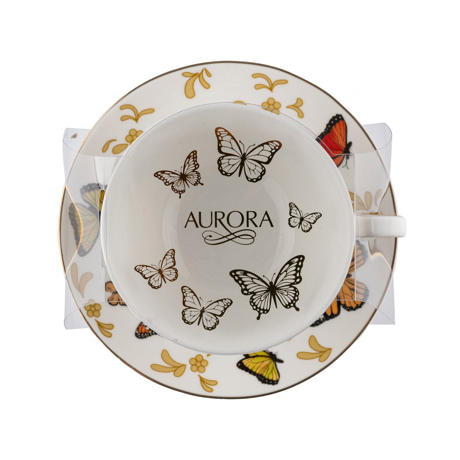 Puodelis su lėkštute AURORA FARFALA, su drugeliais, 220 ml-1