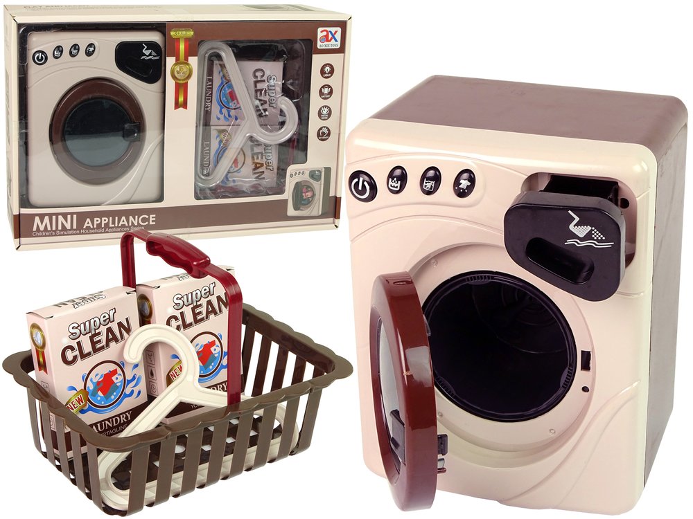 Žaislinė skalbimo mašina su krepšeliu ir priedais