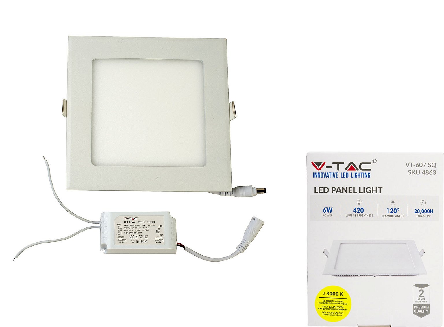 Įleidžiama LED panelė V-TAC BASIC PREMIUM, 6 W, 420 lm, 3000 K, kvadrato f., 12 x 12 cm - 2