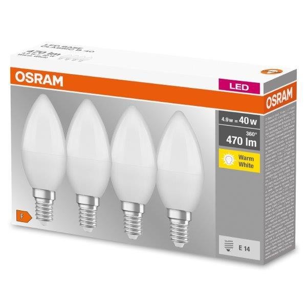 LED lemputės OSRAM BASE CLASSIC, E14, B40, 2700 K, 5,5 W, 470 lm, non-dim, 4 vnt