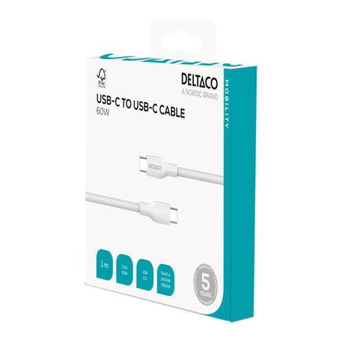 Įkrovimo laidas DELTACO, USB-C į USB-C, 60 W, 1 m, baltos sp. - 3