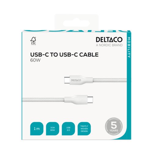 Įkrovimo laidas DELTACO, USB-C į USB-C, 60 W, 1 m, baltos sp. - 4