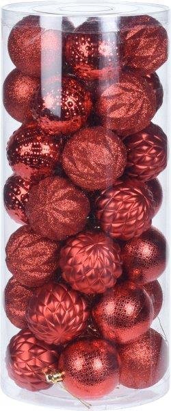 Kalėdinių eglės žaisliukų rinkinys XMAS TUBE, raudonos sp., 6 cm, 35 vnt.