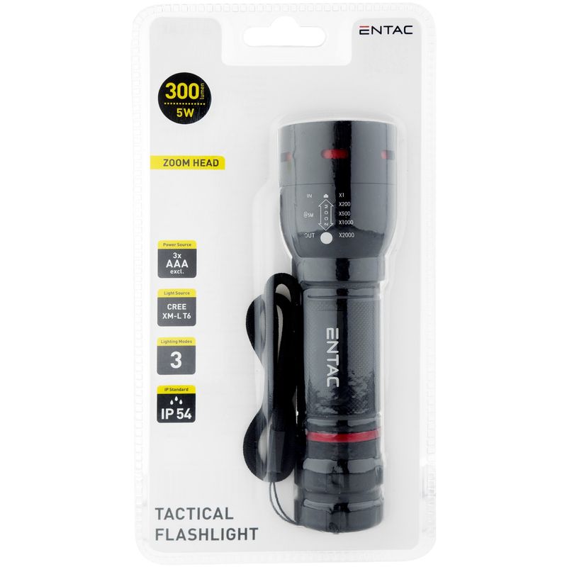 LED žibintuvėlis ENTAC,IP54, 5W, 300lm, elementai 3xAAA(neįeina), aliuminis korpusas, juodos spalvos-1