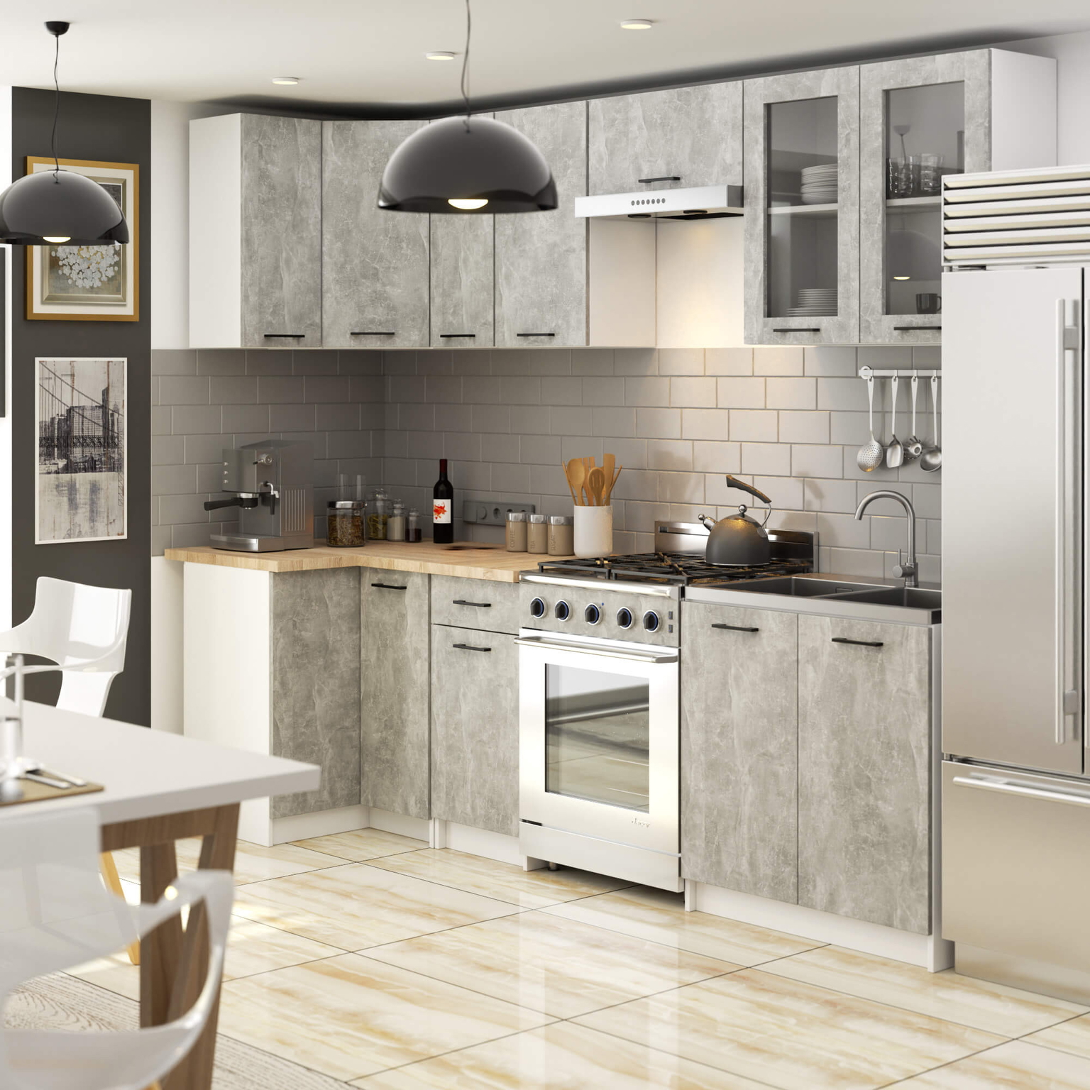 Virtuvės baldų komplektas OLIVIA H720, 300 cm, balta/betono-1