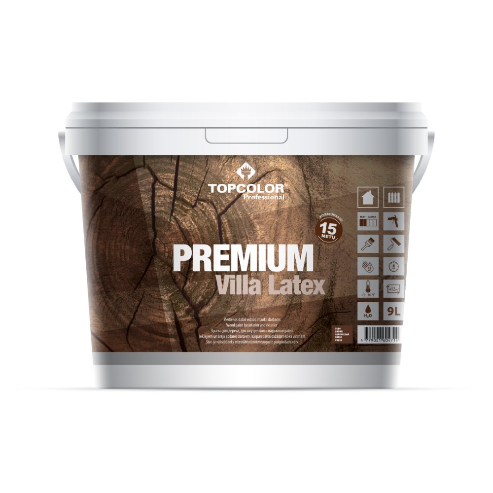 Medinių fasadų dažai TOPCOLOR PREMIUM VILLA LATEX, pusiau matiniai, rudos sp., 9 l-0