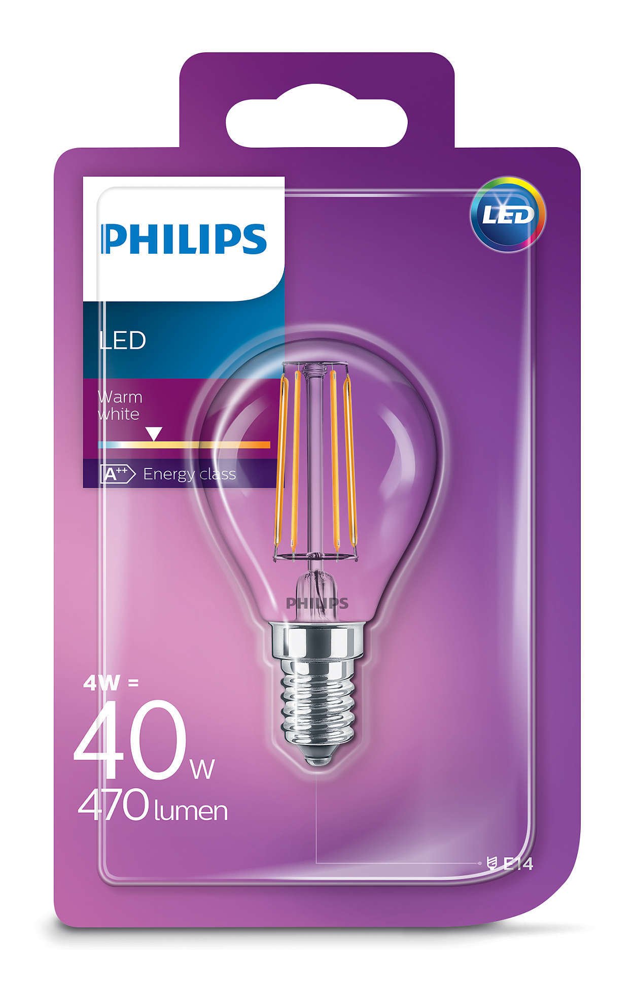 Dekoratyvinė šviesos diodų lemputė PHILIPS, P45, 4 W, E14, 470 lm, 2700K, atitinka 40 W - 2